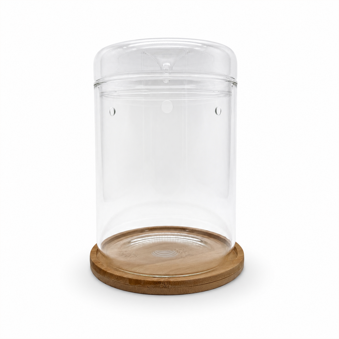 Kleines Gewächshaus 17 cm aus Glas mit Bambus-Untersetzer