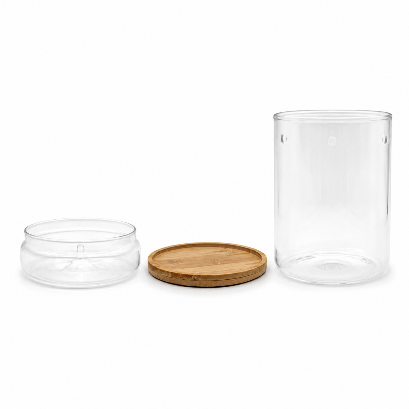 Kleines Gewächshaus 17 cm aus Glas mit Bambus-Untersetzer