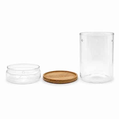 Kleines Gewächshaus 17 cm aus Glas mit Bambus-Untersetzer