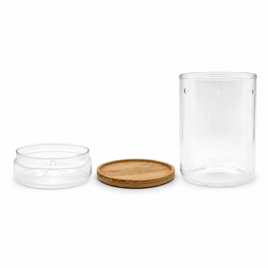 Kleines Gewächshaus 17 cm aus Glas mit Bambus-Untersetzer