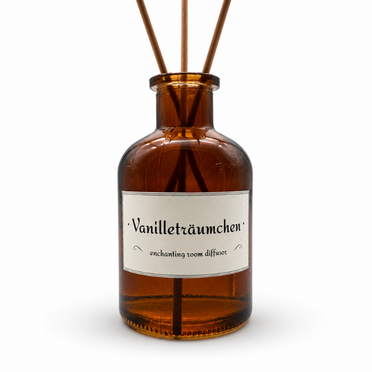 Raumduft "Vanilleträumchen" 100 ml in braunem Glasfläschchen mit Rattan-Stäbchen