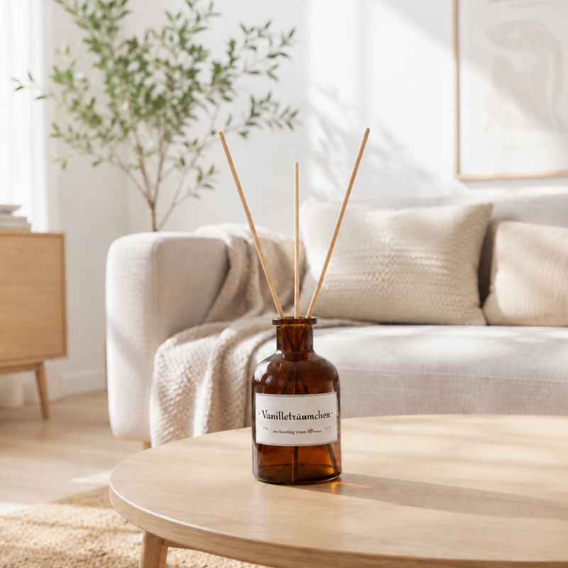 Raumduft "Vanilleträumchen" 100 ml in braunem Glasfläschchen mit Rattan-Stäbchen
