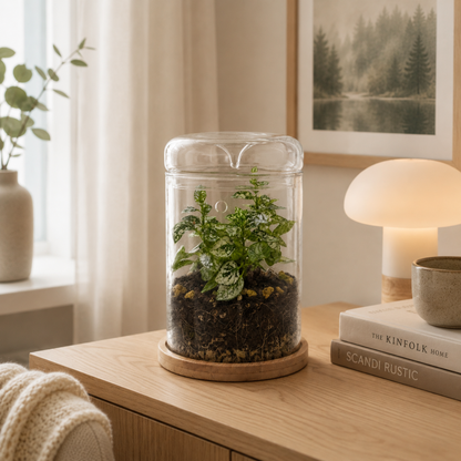 Kleines Gewächshaus 17 cm aus Glas mit Bambus-Untersetzer