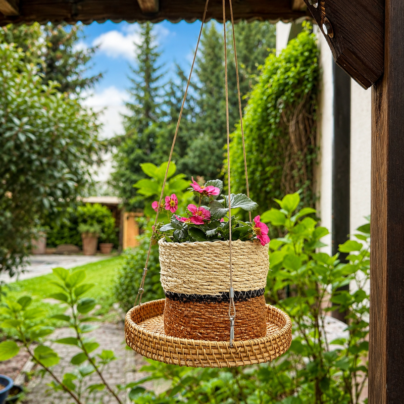 Pflanzenhänger aus Rattan & Edelstahl